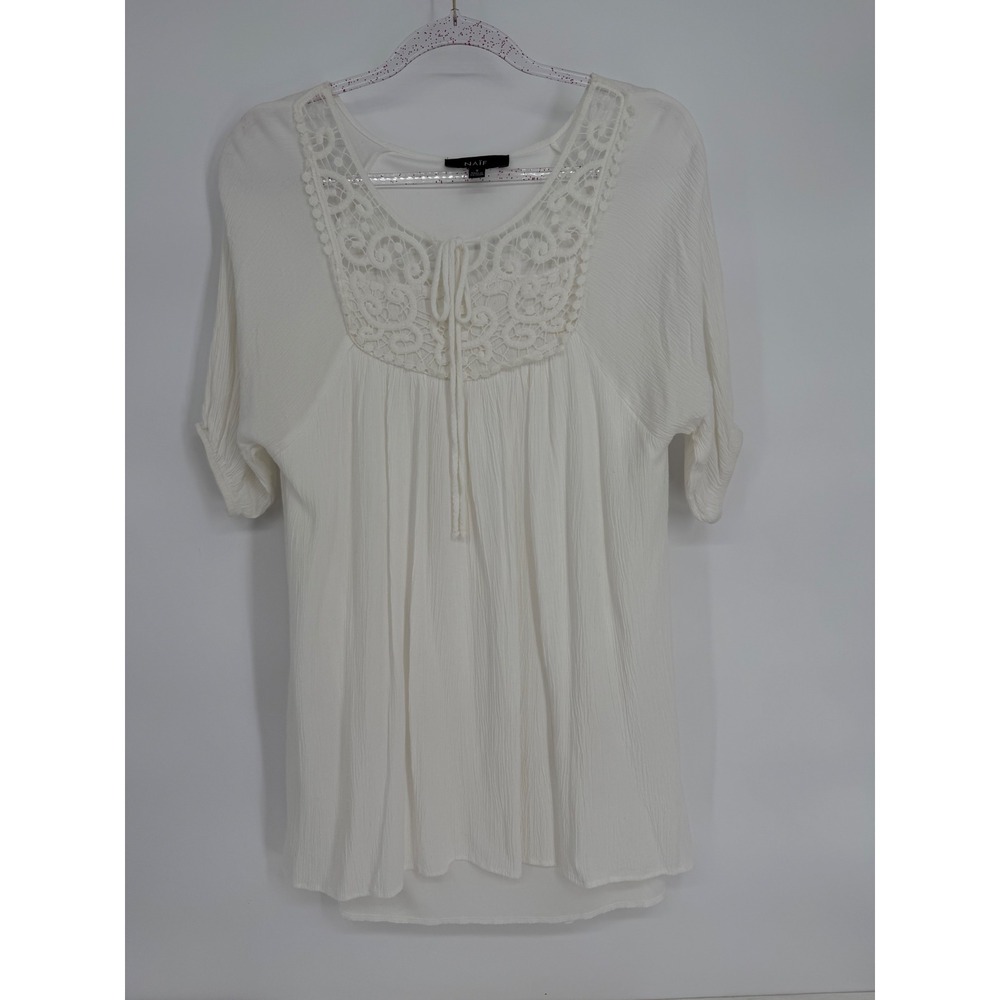 Naif White Lace Neck Rayon Crochet Tunic Top Boho Festival Casual‎ Womens Small